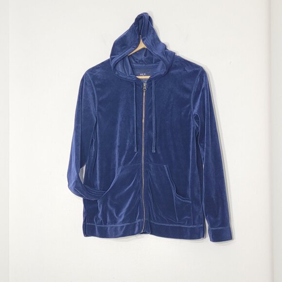 HUE Women's Navy Blue Soft Velour Pockets Comfy Zip Front Hooded Jacket Sz Small - Picture 1 of 13